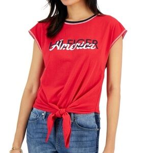 Tommy Hilfiger Americana Patriotic Red Front Tie Short Sleeve Shirt Size XSmall